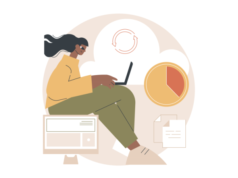 Cartoon of woman on laptop with refresh icon and pie chart