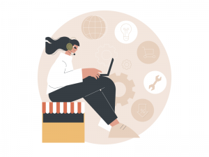Cartoon of woman on laptop with system icon