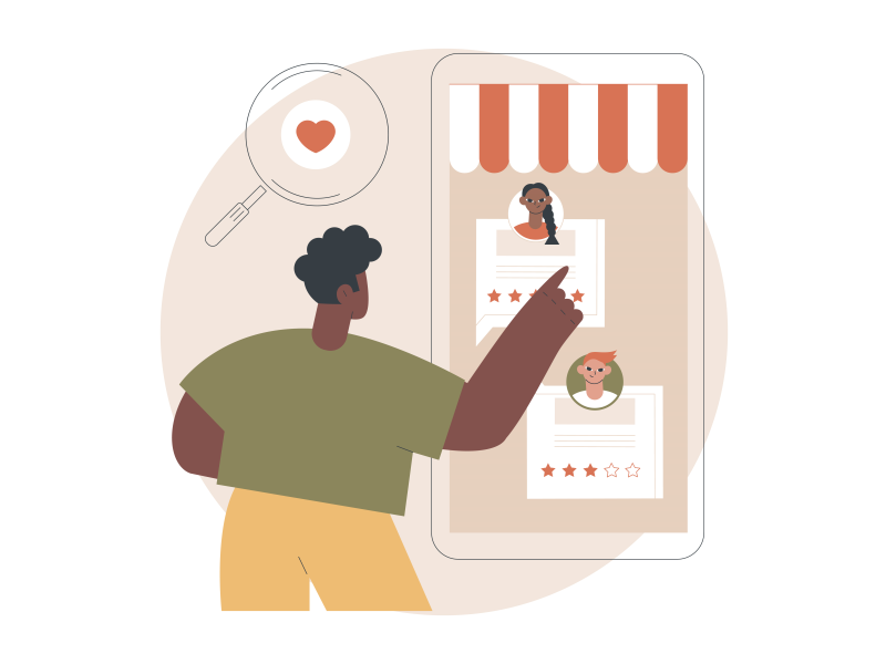 Cartoon of man pointing at customer reviews on a phone
