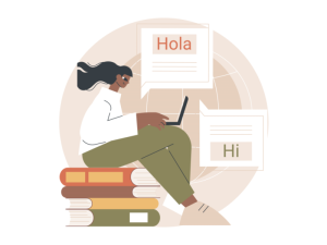 Cartoon of lady on laptop with messages in two languages