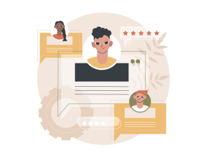 Cartoon of messages from multiple people with star ratings