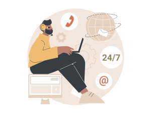 Cartoon of call centre staff with icons representing calls, emails, global, and 24/7.