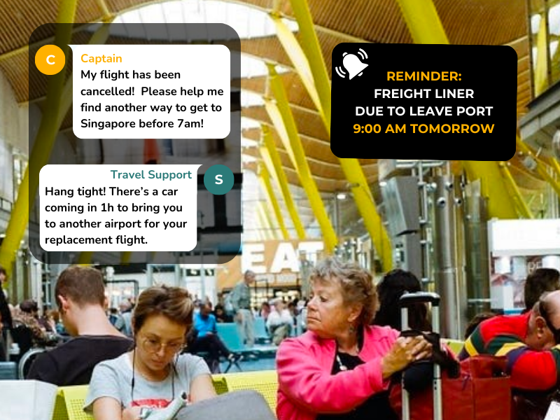 Chat messages floating over a busy airport lounge, where a freight liner captain needs help to get to his destination after his flight was cancelled.