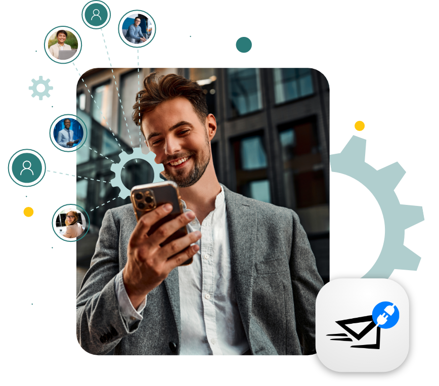 Smiling man with phone and FocalScope CONNECT logo, with connections to team members and customers. 