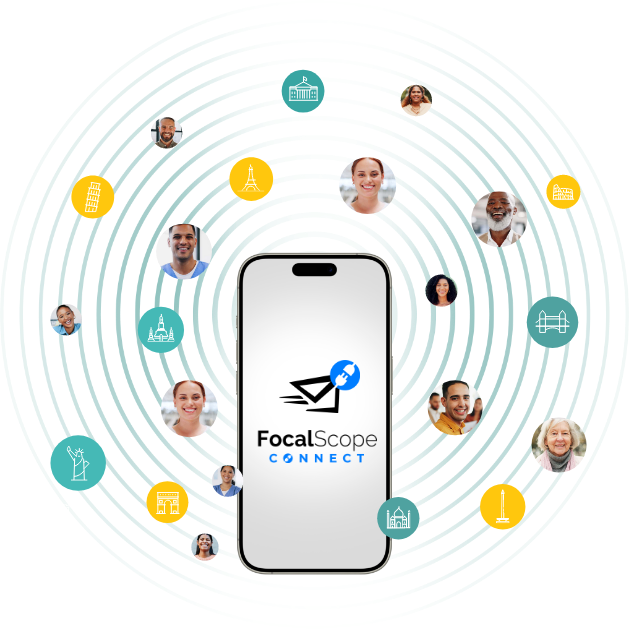 Mobile app of FocalScope Connect with icons of global landmarks