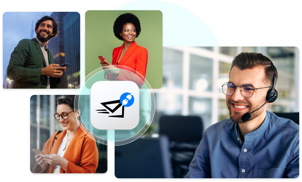 smiling people on a call, of different races, and in different places.