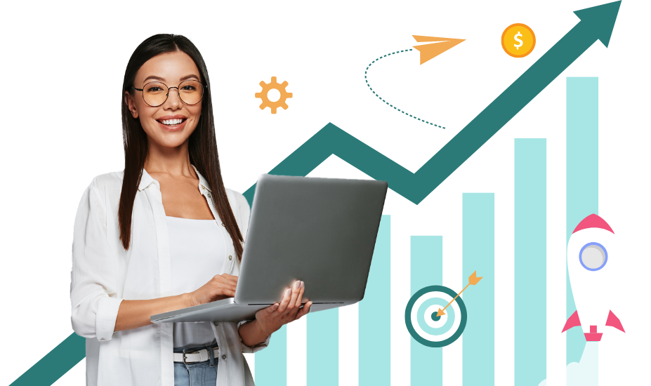 Smiling woman with laptop and a background of icons indicating growth.