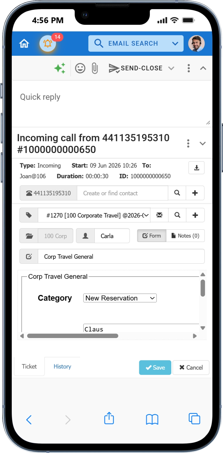FocalScope-Mobilansicht mit Kundeninformationen