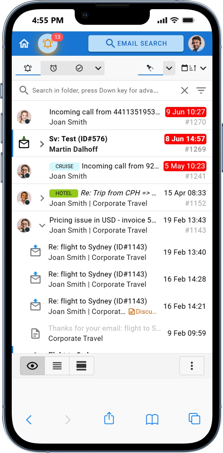 Mobile Kundenservice App mit vollständigem E-Mail-Verlauf