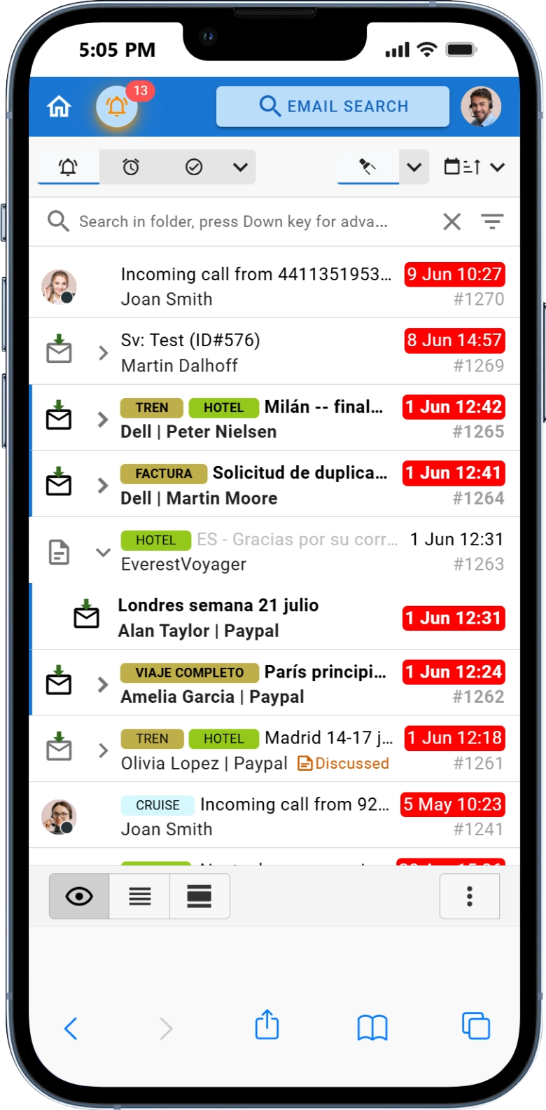 Mobile Kundenservice App mit Kundenverlauf im Posteingang