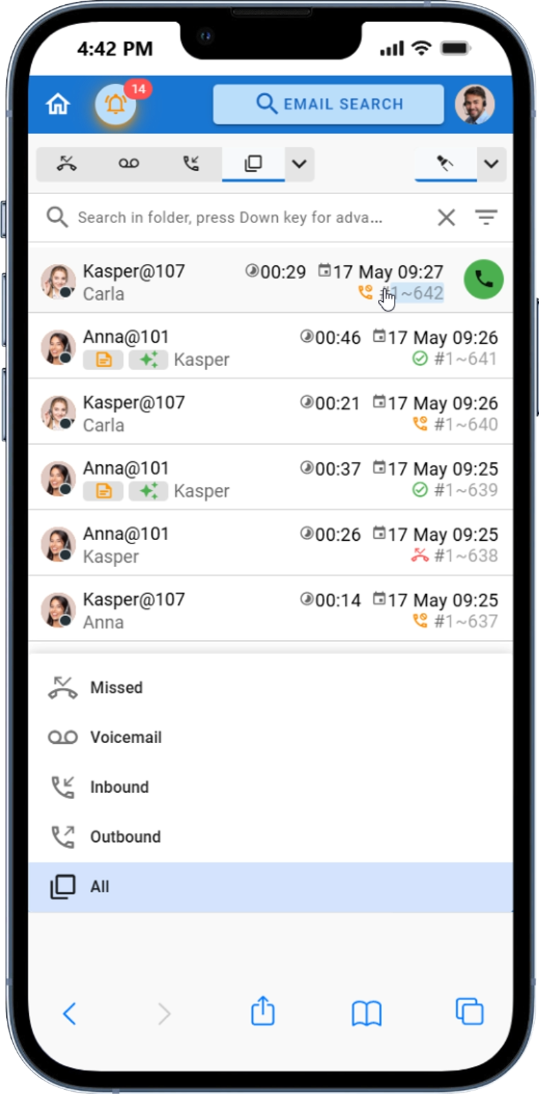 FocalScope-Mobilansicht mit aktueller Kundenanrufaktivität