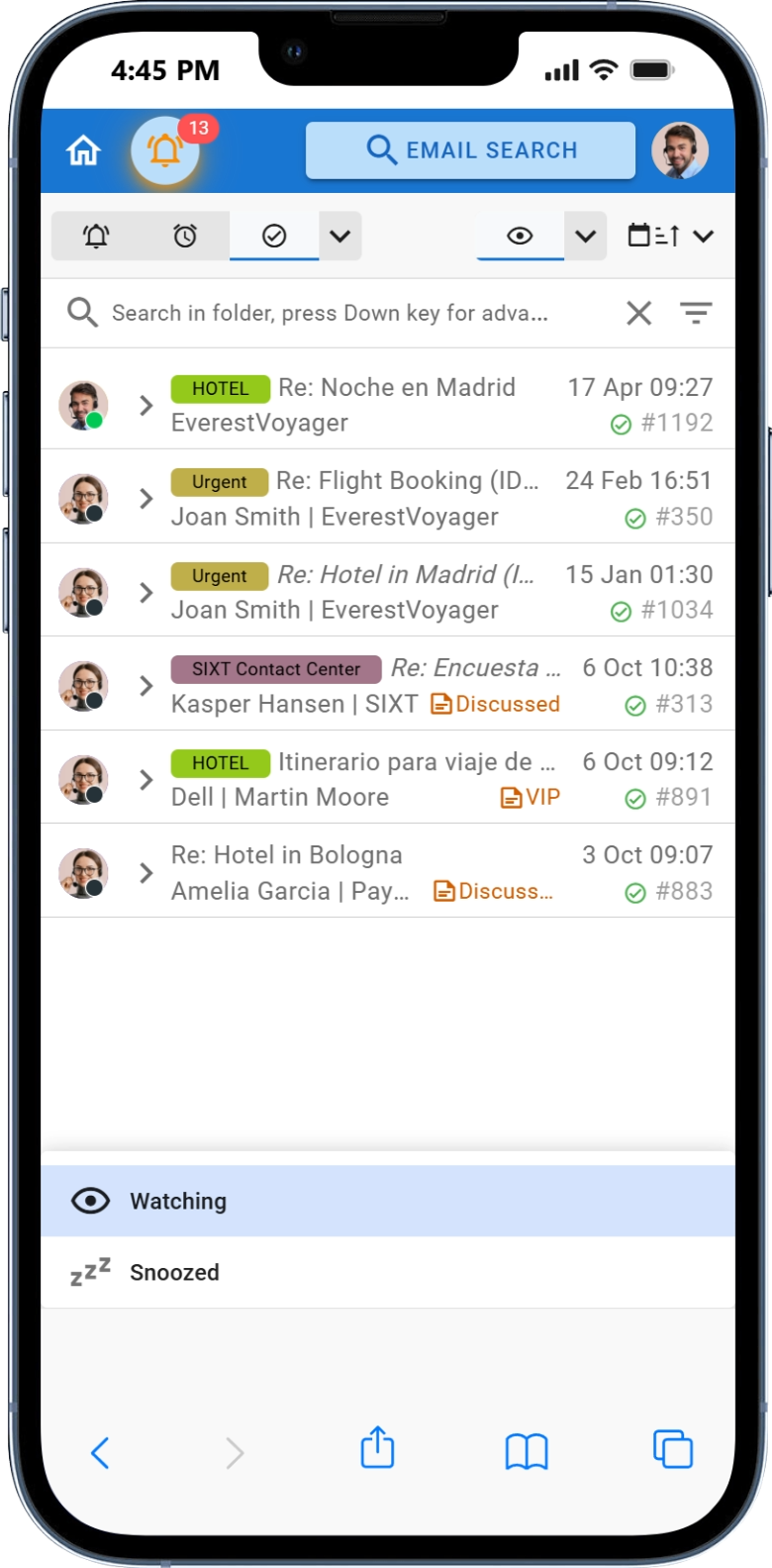 Mobile Kundenservice App mit ausgewähltem überwachten Ordner
